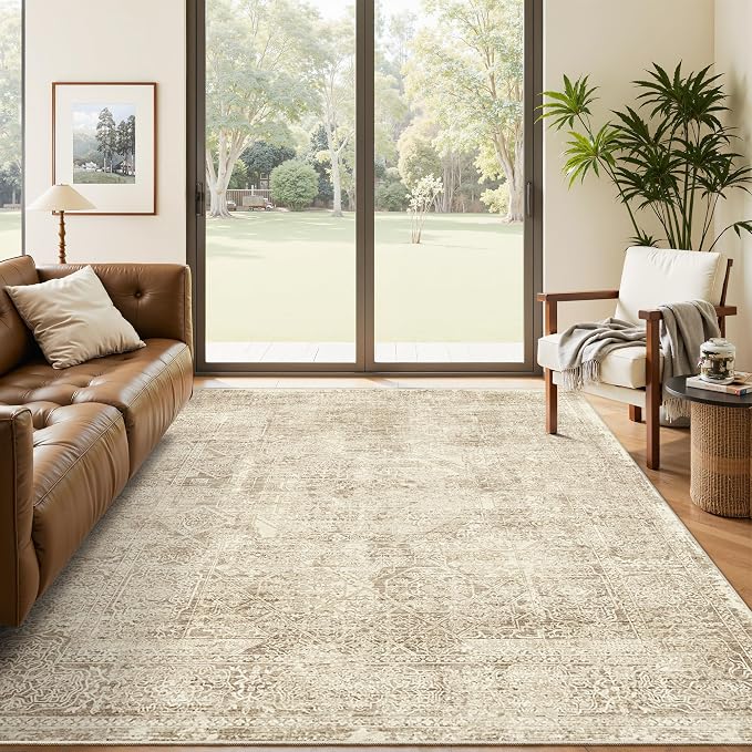 Soalmost 5x7 Area Rugs Brown Low Pile Indoor Washable Trendy Faded Style Floral