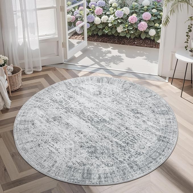 Soalmost 5x5 Grey Round Rug 5ft Living Room Circle Rug Vintage Gray Round Area