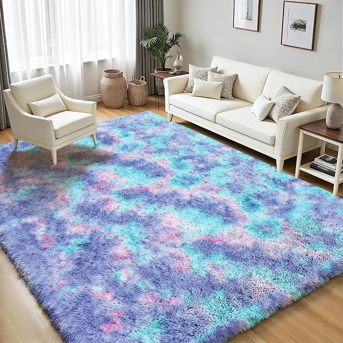 Rainbow Fluffy Rugs for Girls Bedroom: 6x9 Large Shag High Pile Area Rug