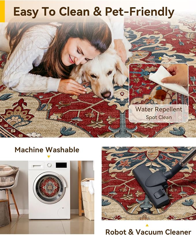 RELEANY Area Rugs Round 8ft Washable Non-Slip, Floral Vintage Distress