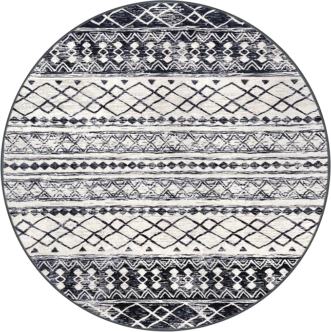 KUTA Washable Rugs Round 5Ft Black Navy Blue Boho Area Rug