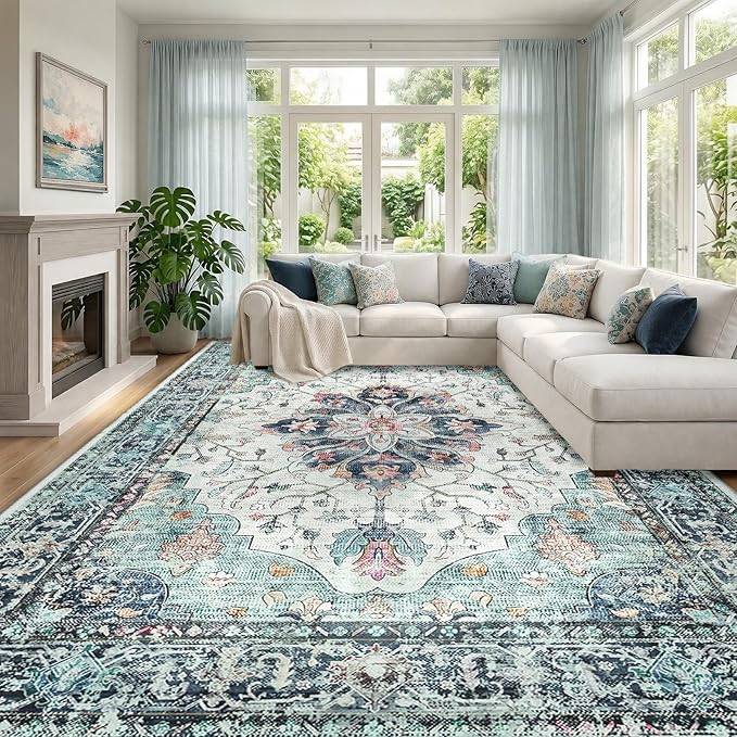 RELEANY Area Rugs Large 10'x14' Washable Non-Slip, Floral Vintage Distress