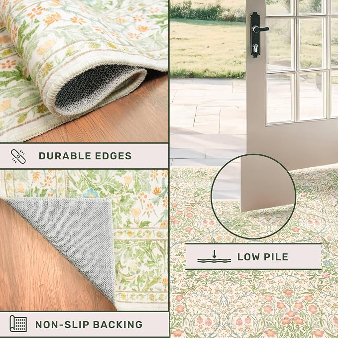 Vintage Washable Beige Green 10x14 Rug
