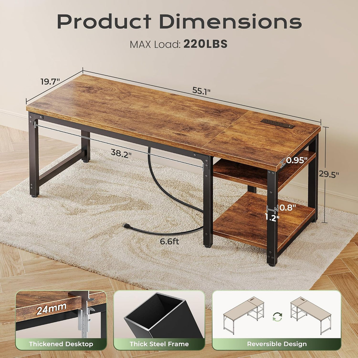 Huuger 55'' x 19.7'' Computer Desk with Power Outlets, 0.95'' Thick Desktop