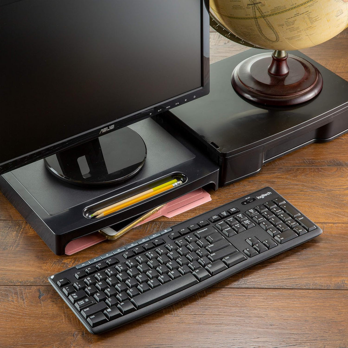 Officemate 2200 Series Monitor Stand with Security Drawer - Executive Monitor Riser and Desk Organizer, 13-1/8" x 9-7/8" x 5", Black