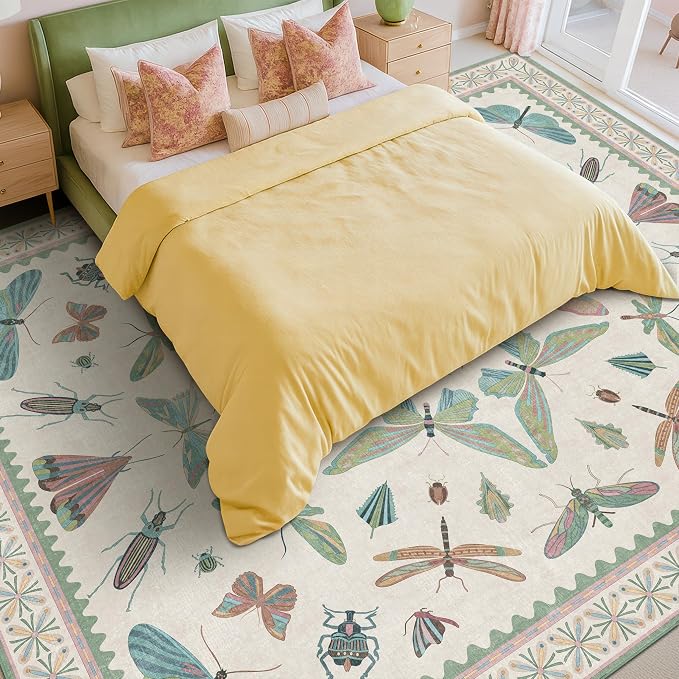 7x9 Green Butterfly Rugs for Kids Bedroom