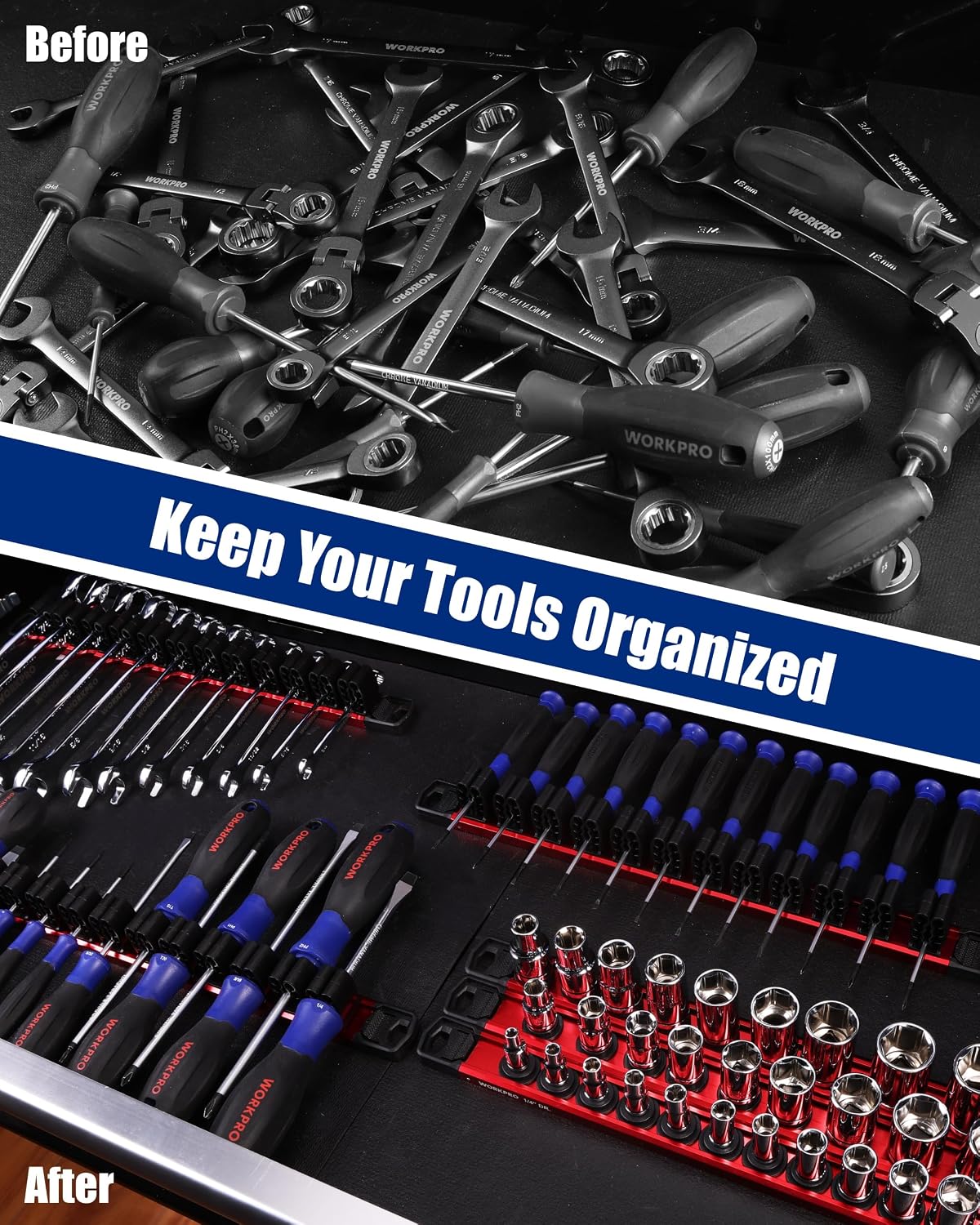 WORKPRO 6-Piece Magnetic Socket & Screwdriver Organizer, Quick-Release Rail