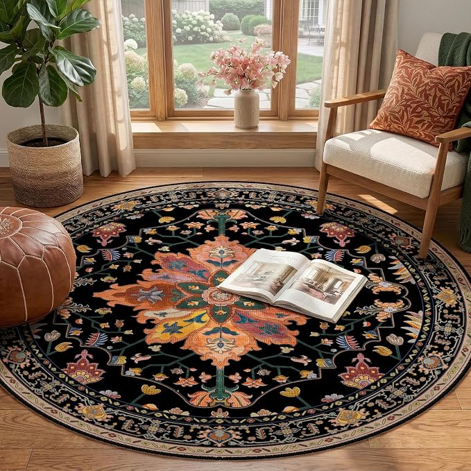RELEANY Area Rugs Round 4ft Washable Non-Slip, Floral Vintage Distress