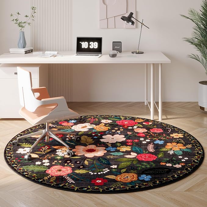 Rugcomf Round Rug 6ft Washable Circle Rug Non Slip Low Pile Boho Floral Small