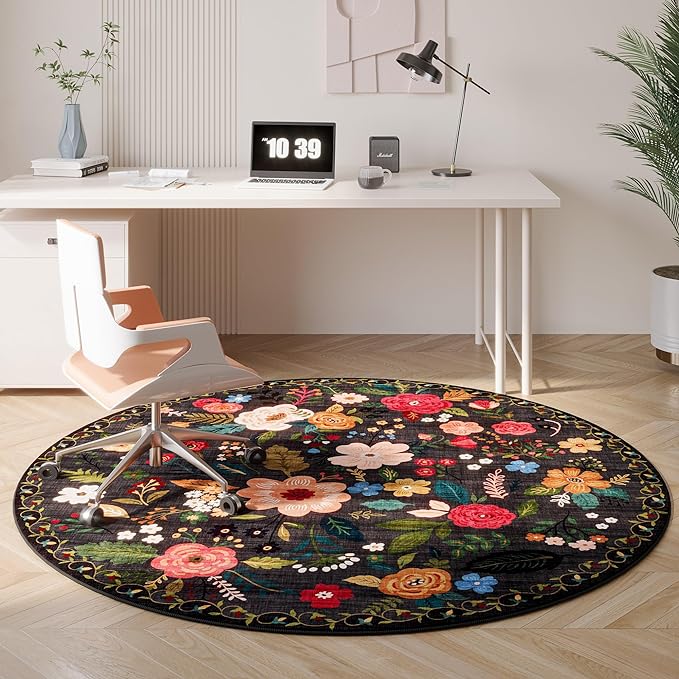 Rugcomf Round Rug 4ft Washable Circle Rug Non Slip Low Pile Boho Floral Small