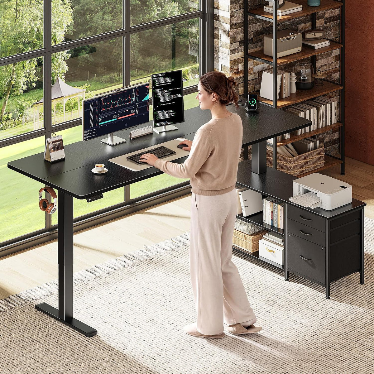 PRAISUN 63'' L Standing Desk with Outlets, Cabinet with Shelves, Drawers