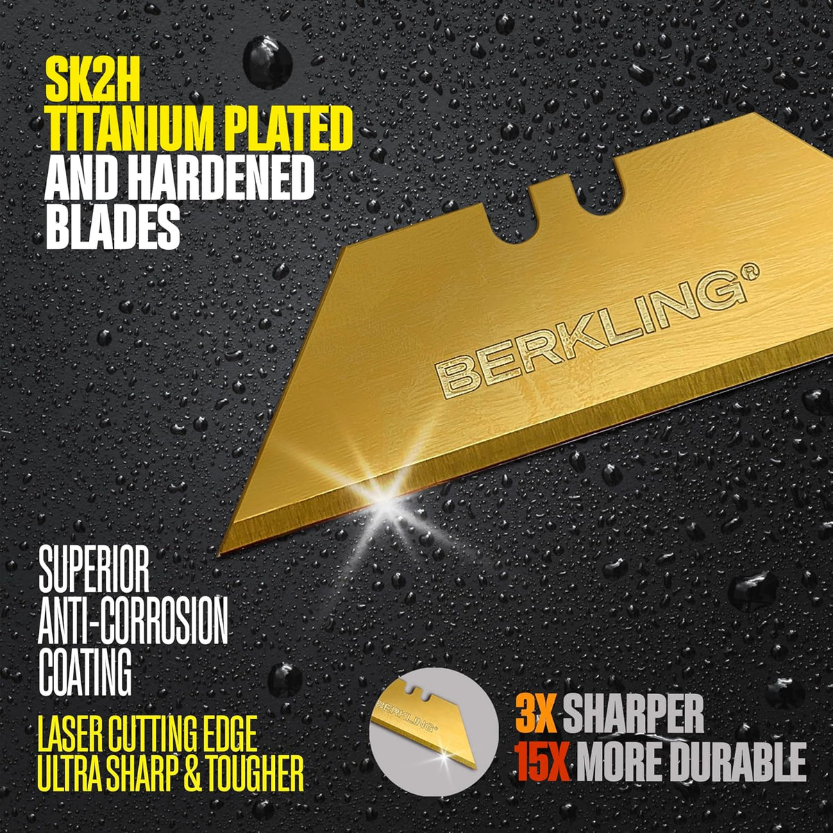Berkling 50-Pack Titanium Plated Utility Blades, SK2H Steel, 3x Sharper