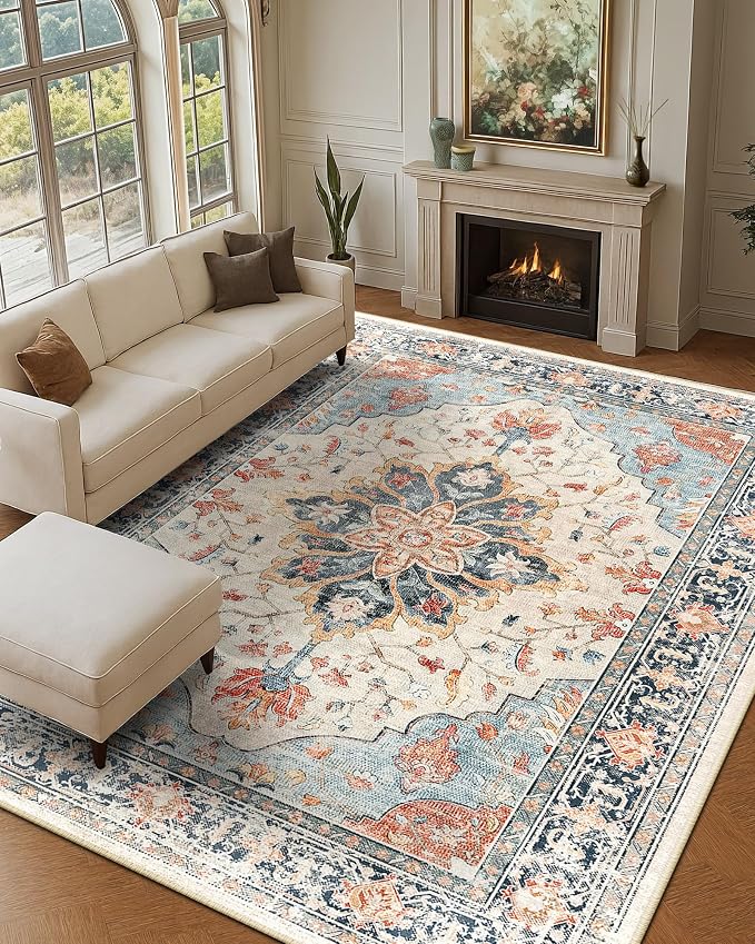RELEANY Area Rugs Large 9'x12' Washable Non-Slip, Floral Vintage Distress