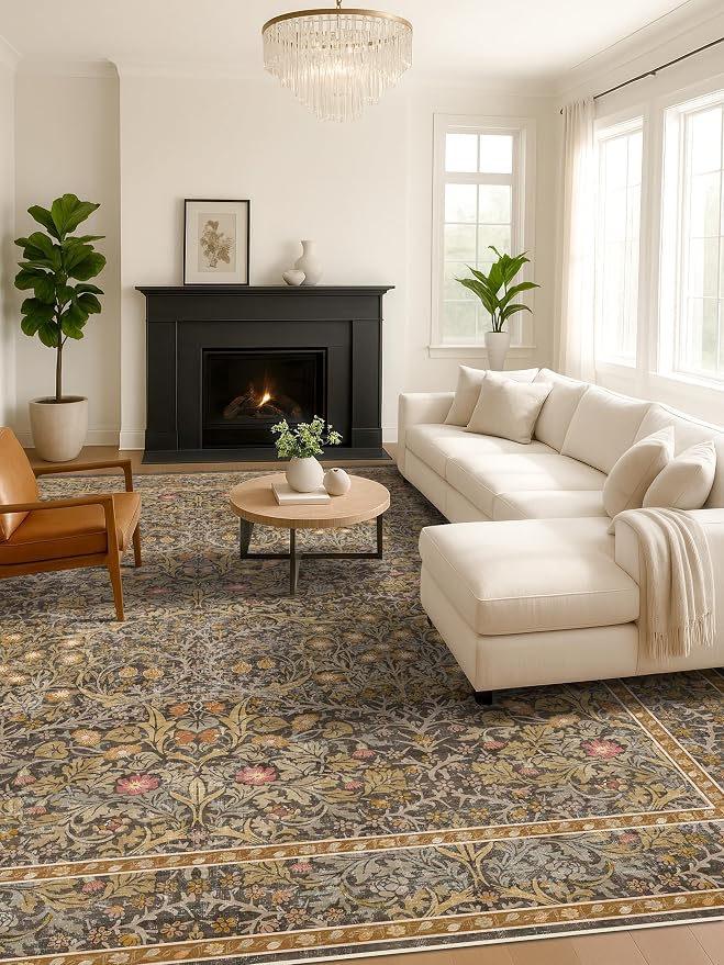 Vintage Gold Brown Living Room Rug, 7x10 Washable Area Rugs