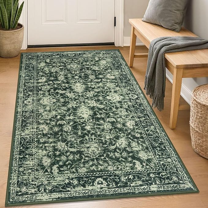 KILOCOCO Area Rug 3x5 Entryway Rug Washable Printed Vintage Floral Rubber