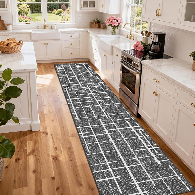 Non Slip Hallway Runner Rug 2.6x12, Modern Distressed Stripe, Washable Extra