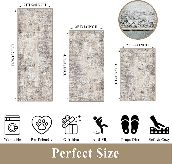 Kitchen Mats for Floor 3 Piece Set, Non-Slip Washable Kitchen Mats for Hardwood