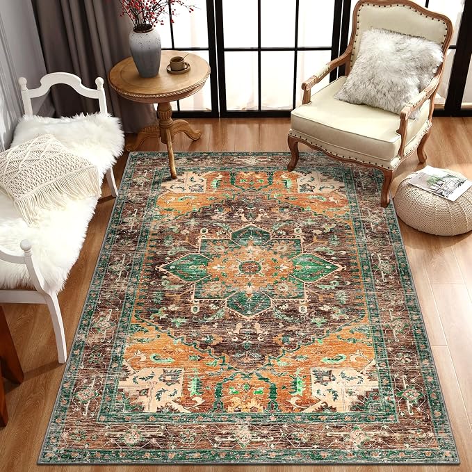 Yamaziot Washable Area Rug, 4x6 Non-Slip Boho Vintage Living Room Bedroom Rug