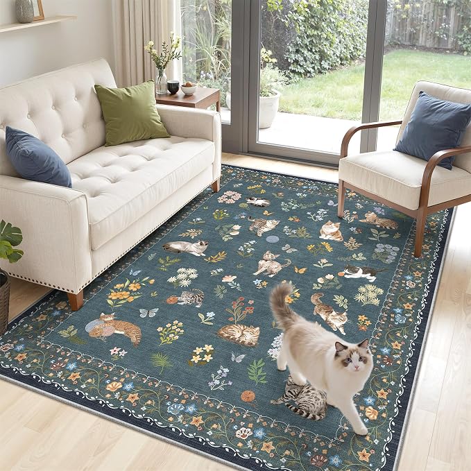 Soalmost Cat 3x5 Area Rugs for Entryway, Machine Washable Animal Floral Accent