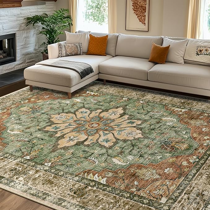 RELEANY Area Rugs 7'x10' Washable Non-Slip, Floral Vintage Distress Medallion