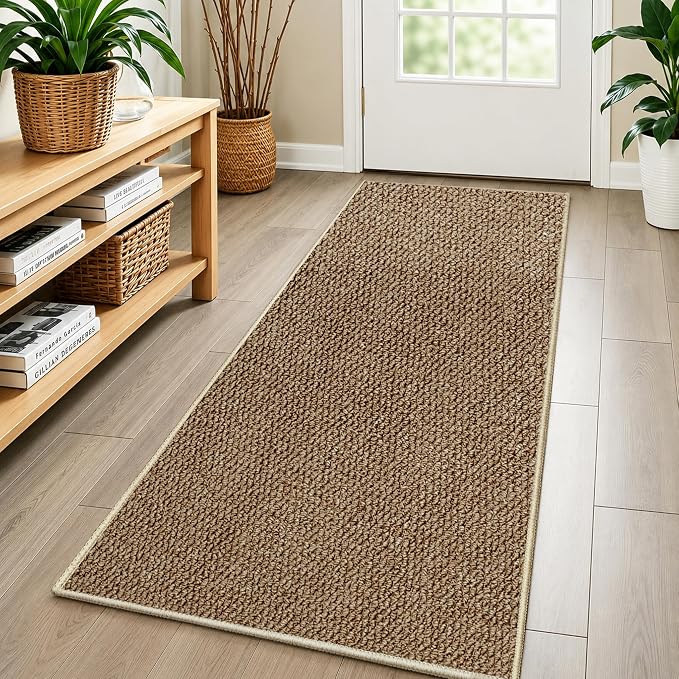 Faux Jute Hallway Runner Rug 2'x6', Washable & Non-Slip, Taupe | 0.27" Low Pile