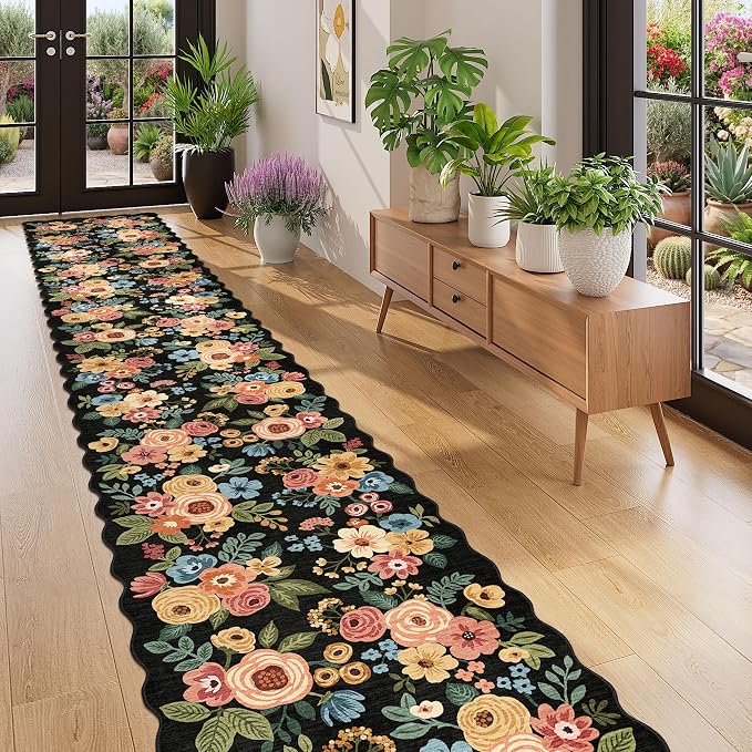 DUKINO 2x12 Runner Rug for Hallway, Soft Floral Washable Kitchen Runner Rug