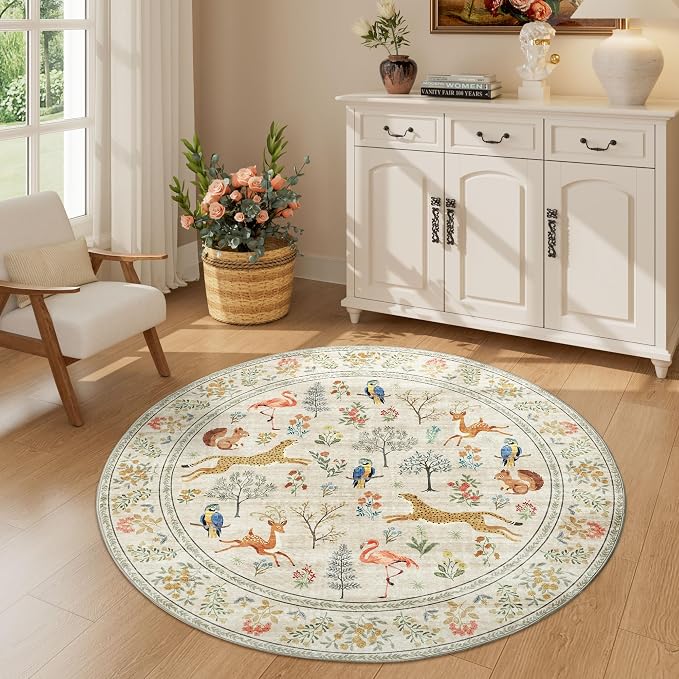 DUKINO 4ft Round Rug, Washable Round Area Rug, Non Slip Indoor Low Pile Animal