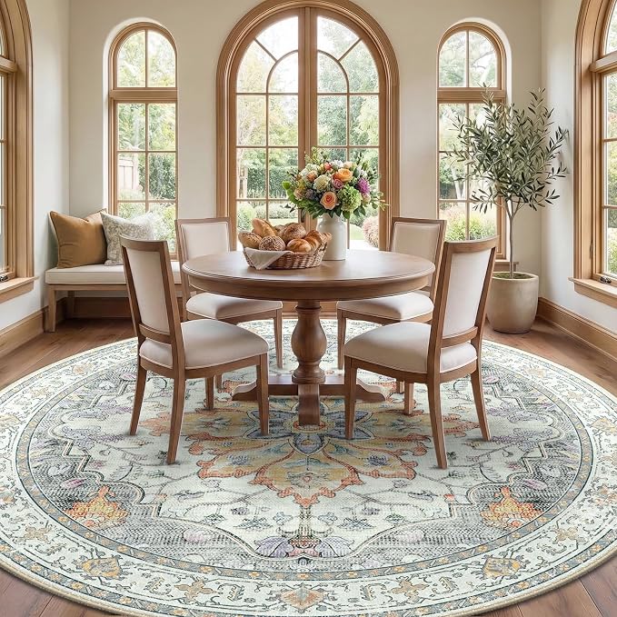 RELEANY Area Rugs Round 8ft Washable Non-Slip, Floral Vintage Distress
