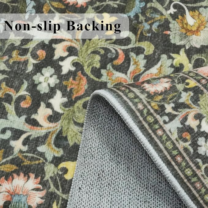 Washable 4x6 Bedroom Rug for Family: Non-Slip Floral Small Carpet for Living