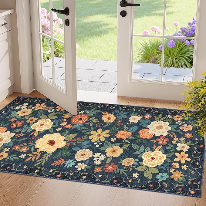 DUKINO 2x4 Rug for Entryway, Washable Kitchen Floral Runner Rug