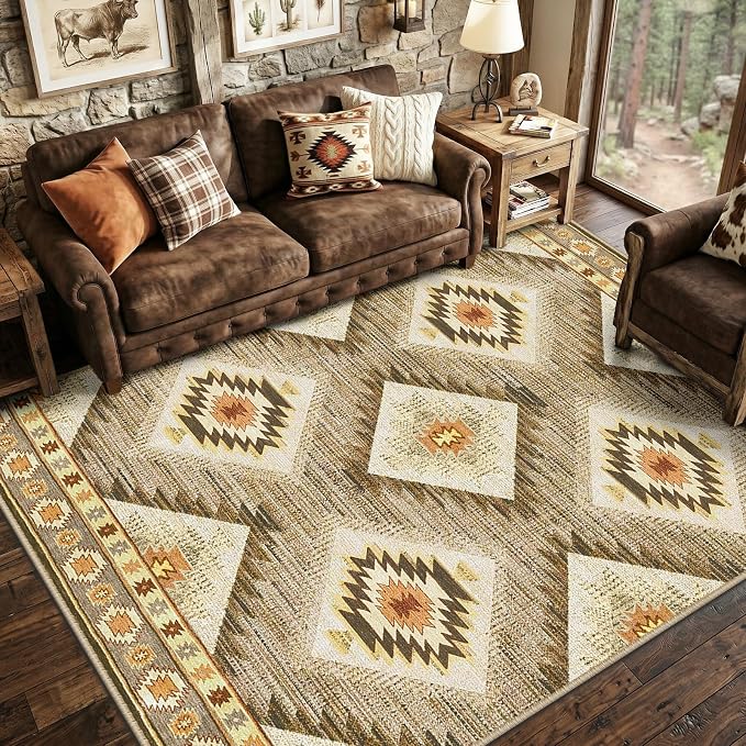 Area Rug 5x7 Rug Machine Washable Non-Slip Low Pile Print Pattern Western Rug