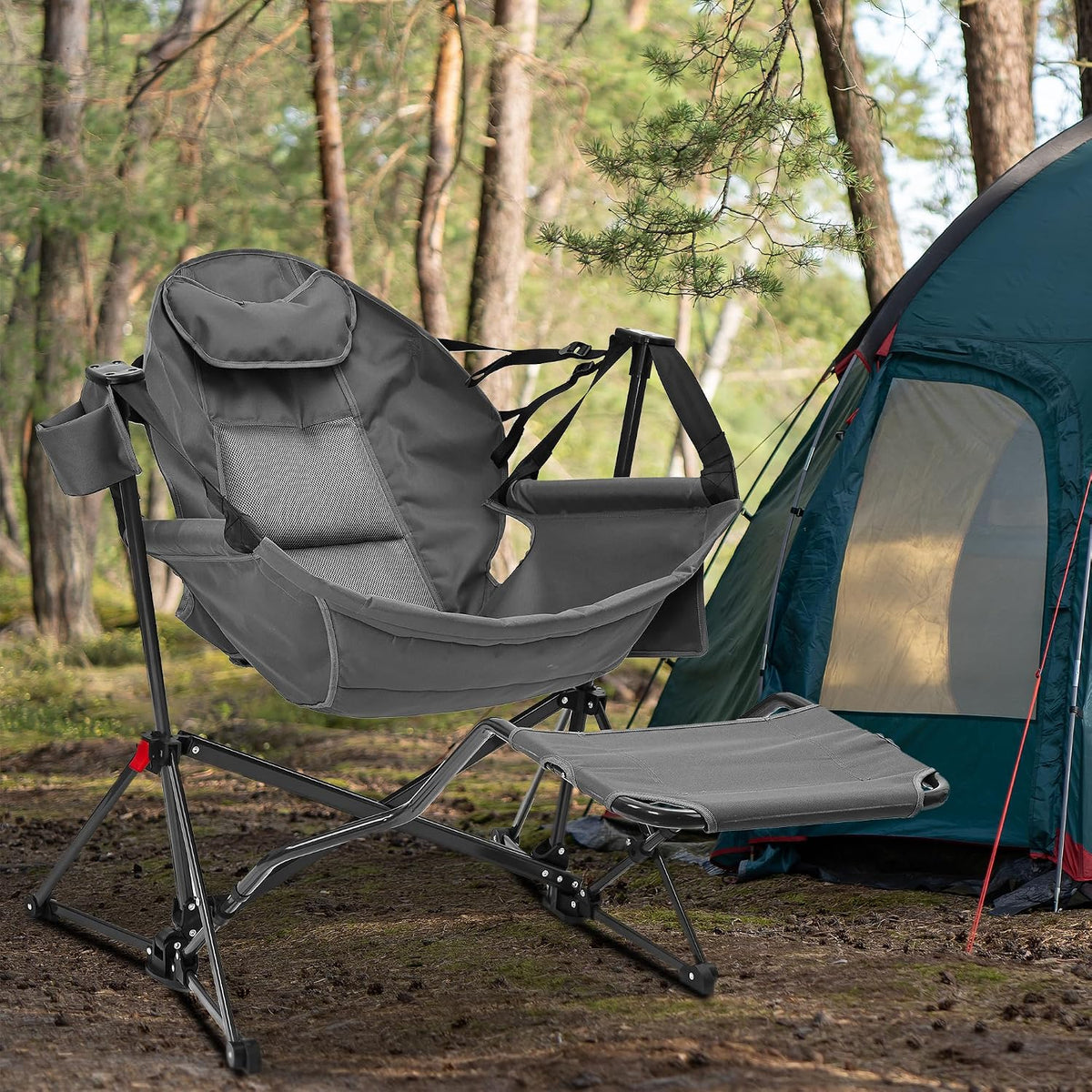 Ainfox Hammock Camping Chair with Footrest, Foldable Portable Rocking Chairs for Adults Outside Swinging Camp with Cup Holder Pillow for Outdoor Patio Poolside (Grey)