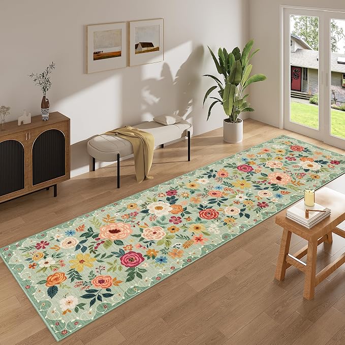 DUKINO 3x10 Runner Rug for Hallway, Washable Kitchen Floral Runner Rug