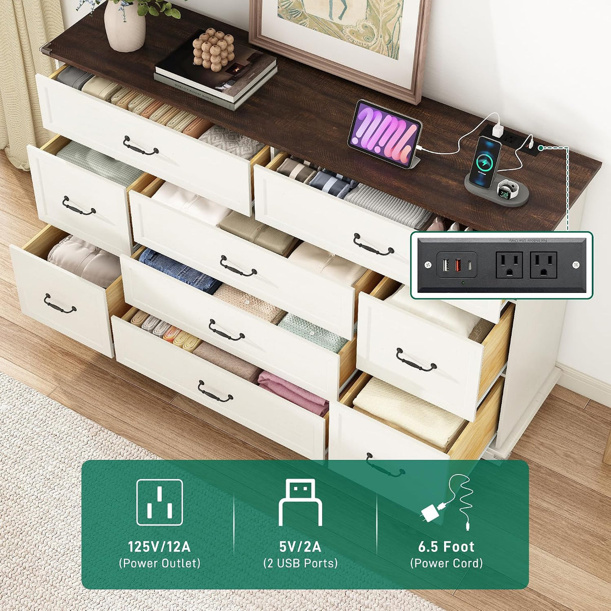 jiteentarou Farmhouse 9 Drawer Dresser for Bedroom,63” Wood Dresser & Chest of Drawers with Power Outlets,Large & Wide Dressers for Bedroom,Tall Storage Dresser Organizer(White)