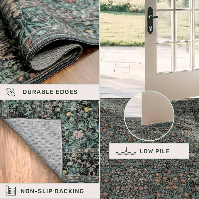 Dark Green Washable 3x6 Runner Rug