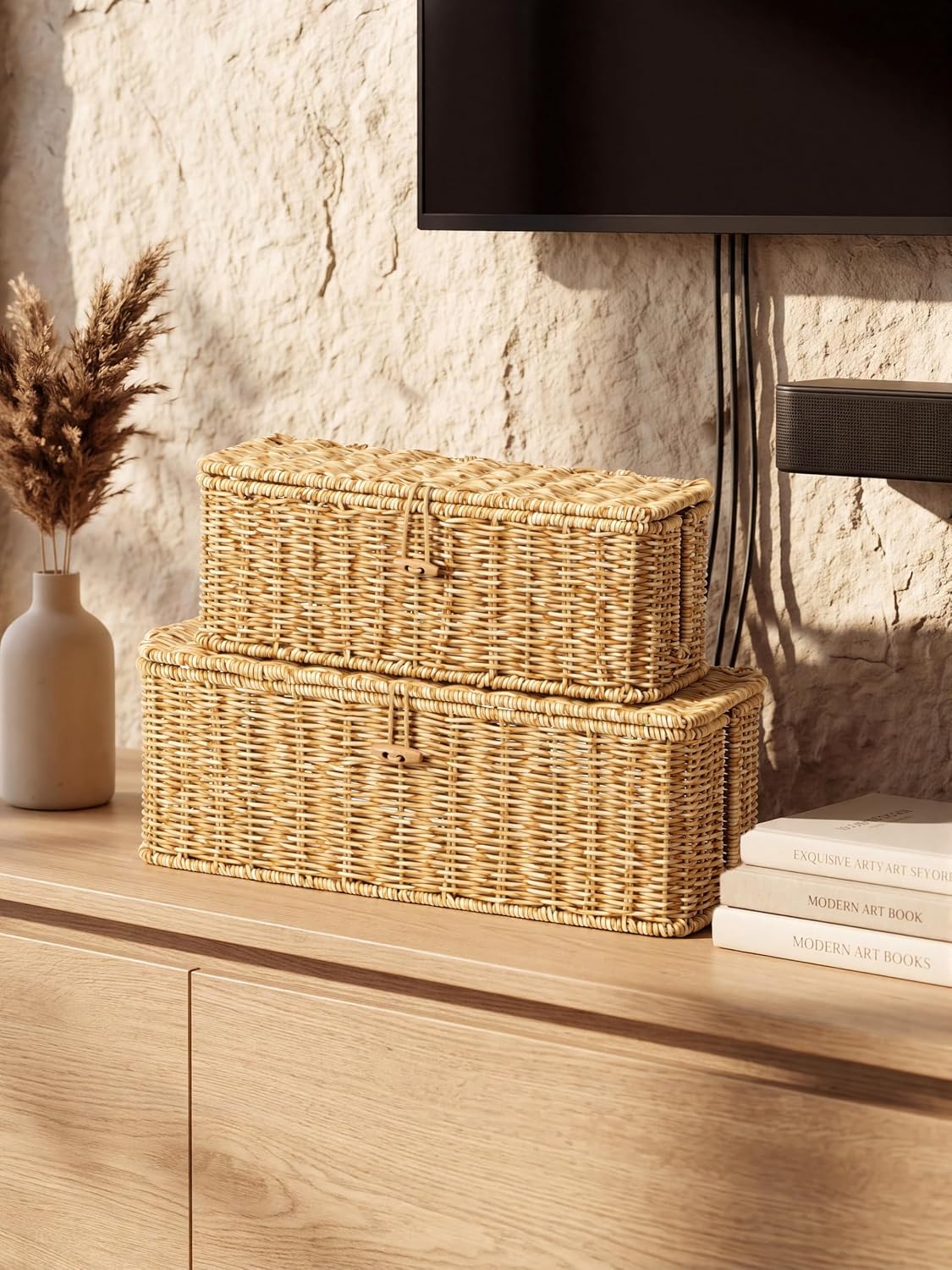 Cable Management Box, Cord Organizer with Lid & Cable Ties - Natural Set