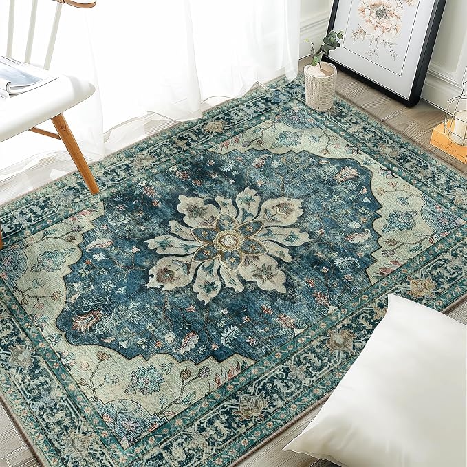 RELEANY Area Rugs 3'x4' Washable Non-Slip, Floral Vintage Distress Medallion