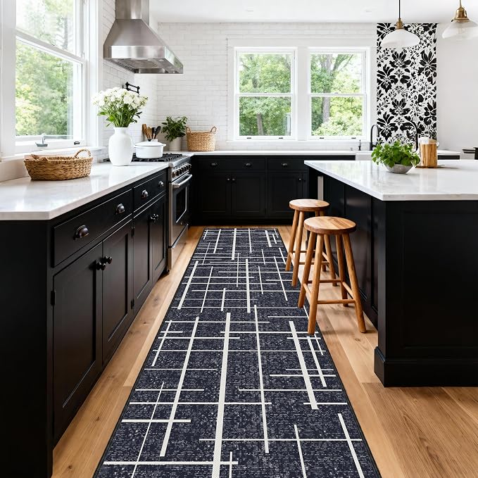 Non Slip Hallway Runner Rug 2.6x12, Modern Distressed Stripe, Washable Extra