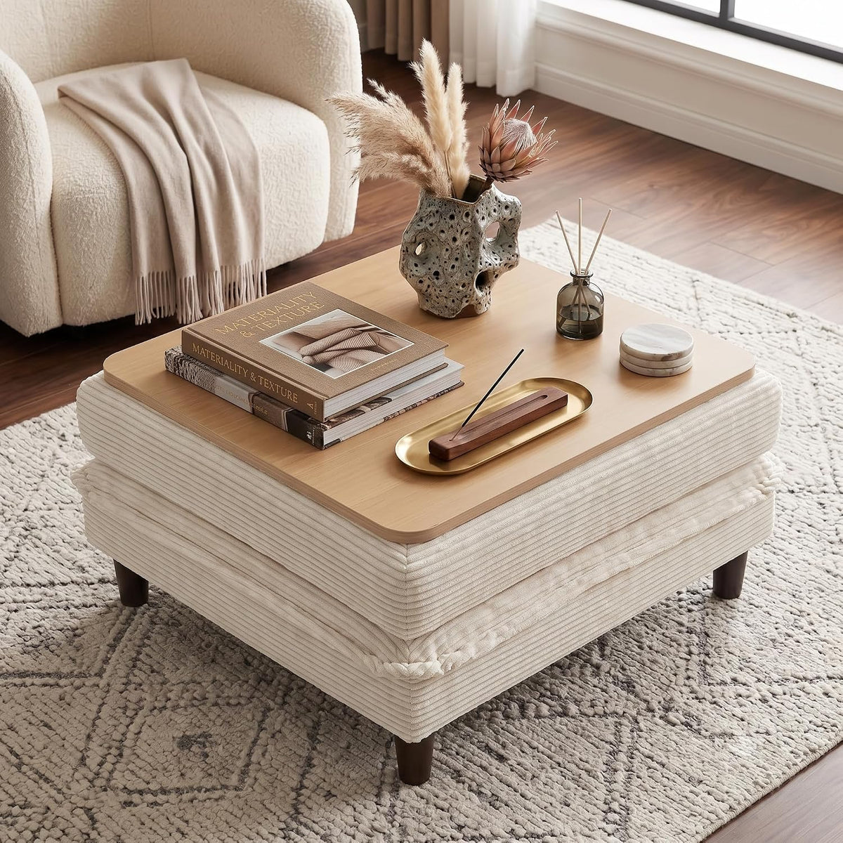 Corduroy Storage Ottoman Coffee Table for Modular Sectional Couch, Corduroy Footrest Extension with Hidden Storage, Modern Soft Cushioned Stool for Living Room, Cream