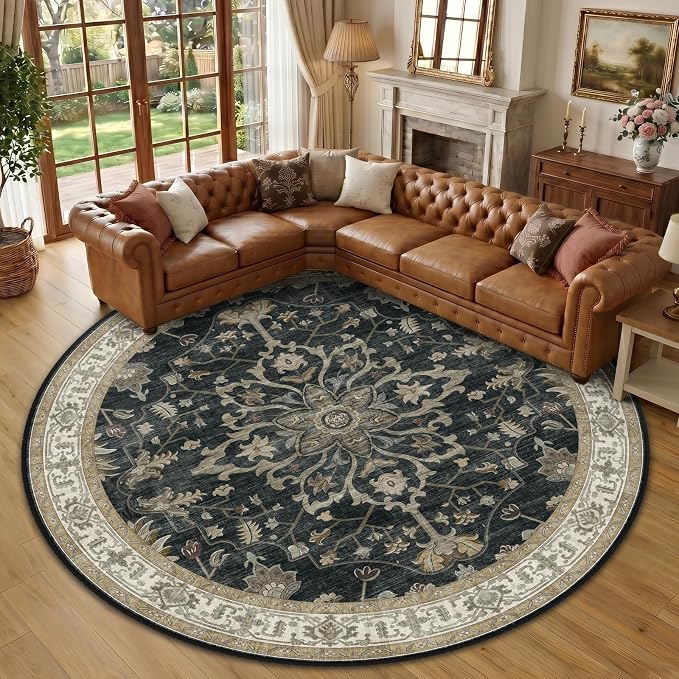 RELEANY Area Rugs Round 10ft Washable Non-Slip, Floral Vintage Distress