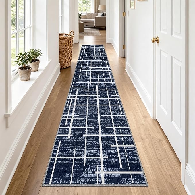 Non Slip Hallway Runner Rug 2.6x12, Modern Distressed Stripe, Washable Extra