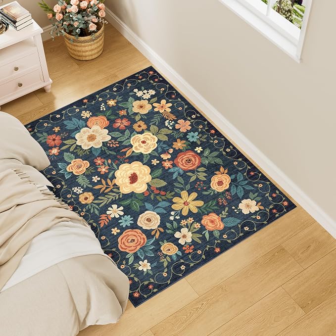 DUKINO 3x4 Area Rug, Lightweight Non Slip Washable Floral Rug, Indoor Low Pile