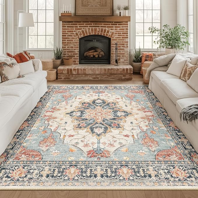 RELEANY Area Rugs Square 8ft Washable Non-Slip, Floral Vintage Distress