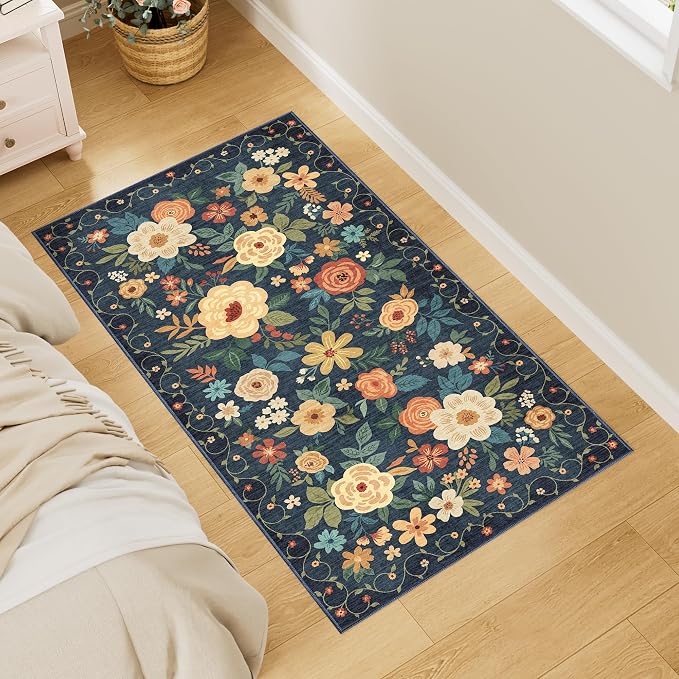 DUKINO 2x4 Rug for Entryway, Washable Kitchen Floral Runner Rug