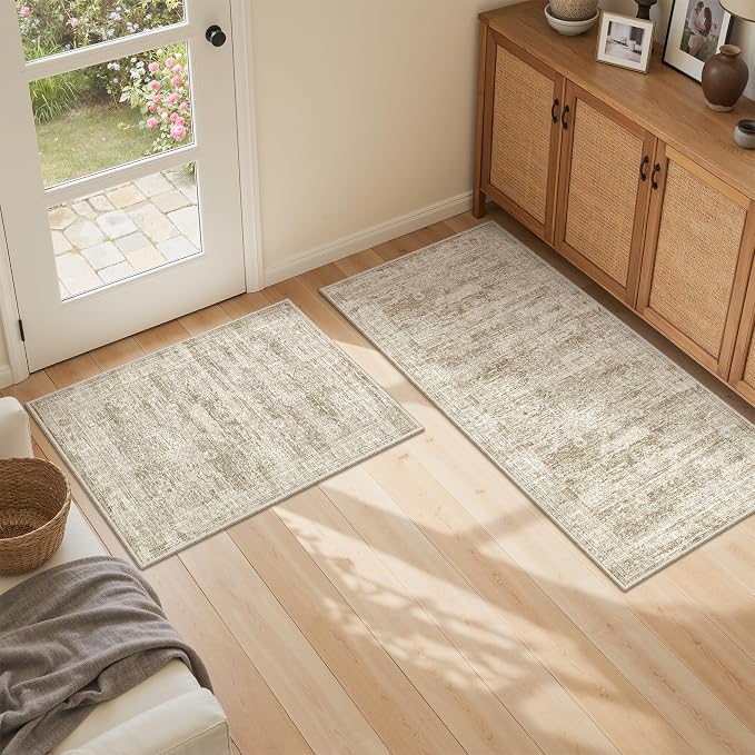 Washable Kitchen Rugs Sets of 2 Piece, Hallway Runner Rug Non-Slip