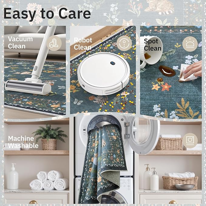 Soalmost Cat 6x9 Area Rugs for Living Room, Machine Washable Animal Floral