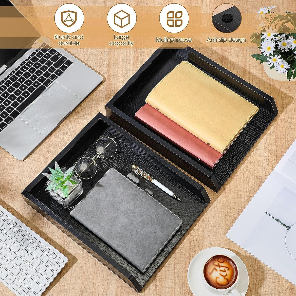 DoubleFill 2 Pcs Wooden Letter Tray 2 Tier Letter-Size Desk Tray, Black