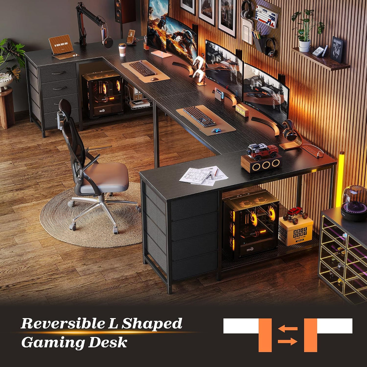 PRAISUN 53" L Shaped Desk with Power Outlets & 4 Drawers