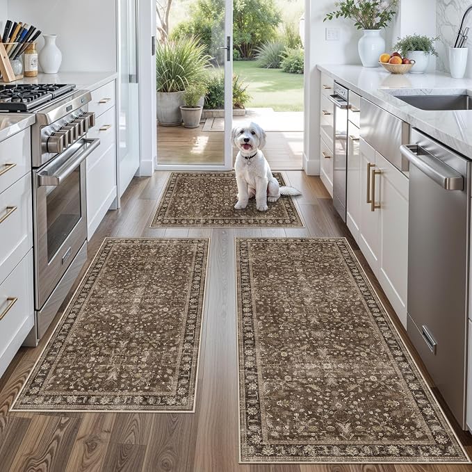 Washable Non-Skid 3 Piece Kitchen Rugs Set – Modern Boho Floral Low-Pile Area