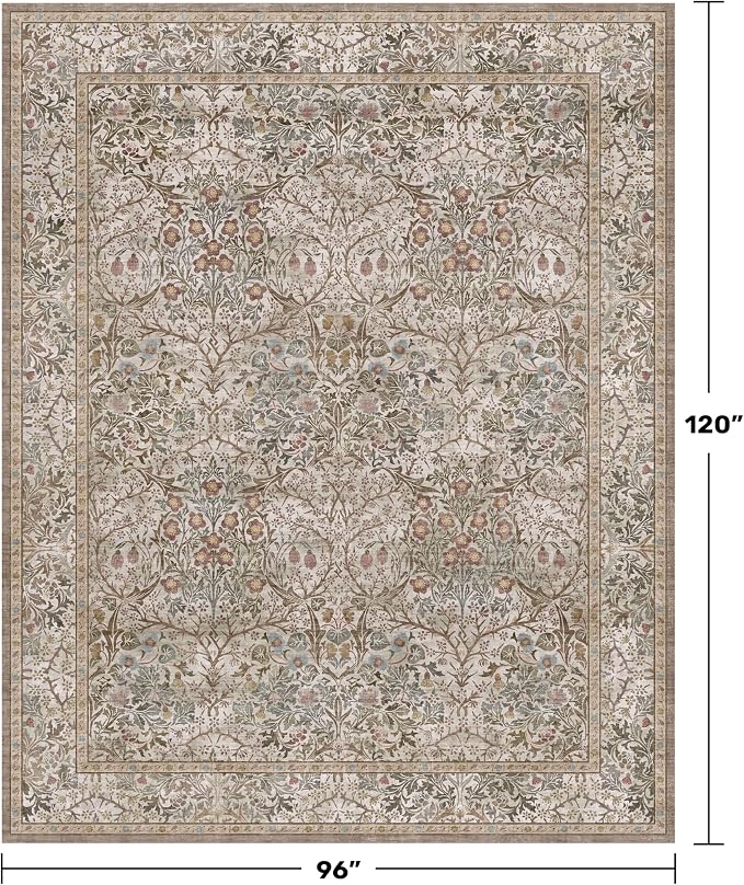 Hazo Haus Vintage Moss Green Living Room Rug, Neutral Taupe 8x10 Washable Area
